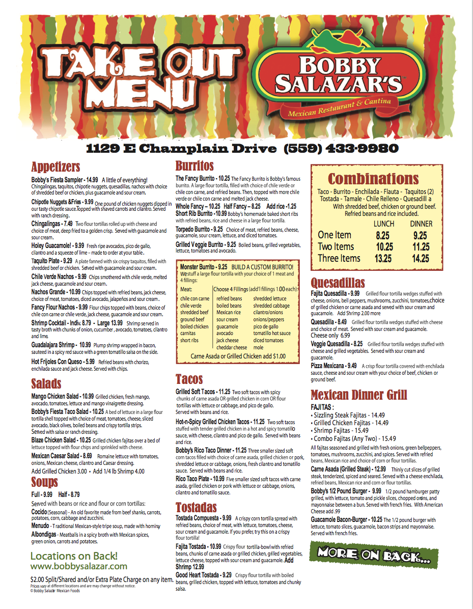 Take Out menu for Bobby Salazar's
